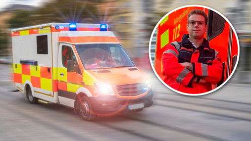 Foto zum Thema "Unterschied Rettungs- und Notfallsanitäter": Zu sehen ist ein Rettungswagen im Einsatz, daneben ein Porträt von Tim Yannik Gaumann, der als Notfallsanitäter arbeitet.
