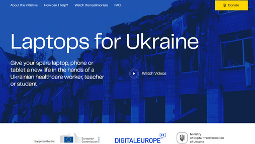 Ein Screenshot der Spendenaktion "Laptops for Ukraine", zu der die EU-Kommission aufruft. 