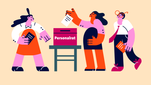 Foto zum Thema "Personalratswahlen im öffentlichen Dienst": Zu sehen sind Figuren, die Stimmzettel in eine Wahlurne werfen. Auf der Wahlurne steht "Personalratswahl".