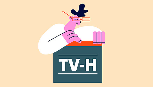 Foto zum Thema "TV-H": Zu sehen ist eine Figur, die sich auf eine Box mit der Aufschrift "TV-H" stützt.