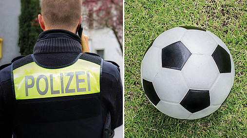 Fotomontage zum Thema "Polizei EM": Zu sehen ist ein Polizeibeamter, der den Rücken zugewandt hat und telefoniert. Rechts daneben ein Fußball, der auf dem Rasen liegt.