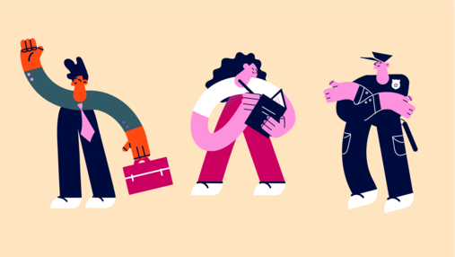 Foto zum Thema "Warum gibt es Beamtinnen und Beamte": Zu sehen sind drei Figuren, die Beamt*innen symbolisieren. Ein Verwaltungsbeamter, eine Lehrerin und ein Polizist.