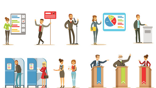 Foto zum Thema "Wahlprüfsteine Europawahl 2024": Zu sehen ist eine Grafik, auf der viele kleine Figuren zu sehen sind. Einige sind Politiker*innen und stehen hinter Rednerpulten, andere geben ihre Stimme in Wahlkabinen ab.