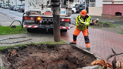 Foto zum Thema "kommunale Baumpflege": Zu sehen ist ein Bohrer zur Vorbereitung eines Erdlochs für die Baumpflanzung.