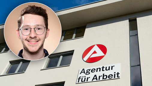 Foto zum Thema "Ausbildung zum Arbeitsvermittler": Zu sehen ist ein Porträt von Jens, im Hintergrund der Fotomontage befindet sich ein Arbeitsagentur-Gebäude.