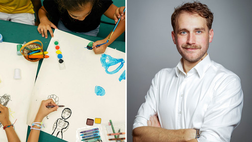 Wie wird man Sozialarbeiter*in - Niklas berichtet Foto zum Thema "Wie wird man Sozialarbeiter*in": Rechts ist ein Porträt von Niklas zu sehen, links zeigt die Fotomontage Kinder am Tisch, die malen und basteln.
