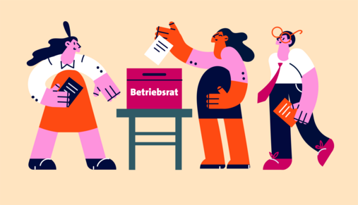 Foto zum Thema "Betriebsratswahl einfach erklärt": Zu sehen sind drei Figuren, die ihre Stimme abgeben. In ihrer Mitte steht die Wahlurne.