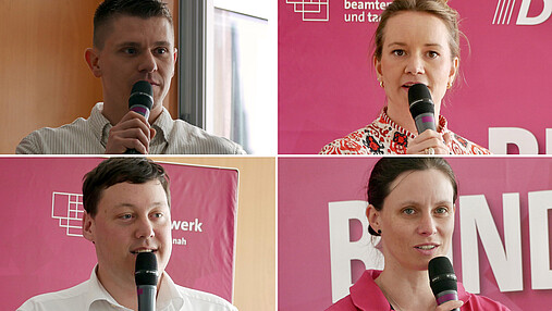 Foto zum Thema "Staatsmodernisierung": Zu sehen sind Sebastian Scherbinski, Josefine Theden-Schow, Joachim Weschbach und Iris Bilek. Alles sprechen ins Mikrofon.
