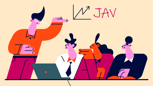 Foto zum Thema "Jugend- und Auszubildendenvertretung": Zu sehen sind vier Figuren, ein Lehrer und drei Auszubildende. Über ihnen steht der Schriftzug JAV.