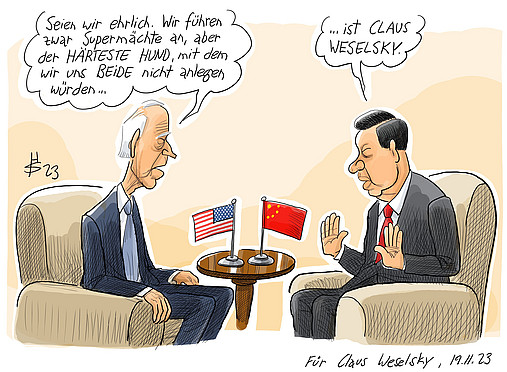 Foto zum Thema "Claus Weselsky im Interview": Zu sehen ist seine Lieblingskarikatur. Sie zeigt Biden und Xi. Biden sagt: „Seien wir ehrlich. Wir führen zwar Supermächte an, aber der härteste Hund, mit dem wir uns beide nicht anlegen würden …“ – Xi vollendet: „… ist Claus Weselsky.“