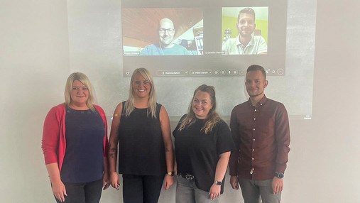 Konzepte gegen Gewalt: Die AG Sicherheit der dbb jugend mit Philipp Weimann (online links), Christian Habrecht (online rechts), Susanne Aumann, Daria Abramov und Nicole Schorn und Tim Reukauf (v. l.).