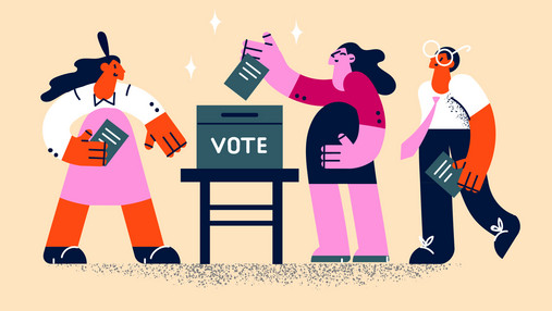 Grafik zum Thema "was ist eine Urabstimmung": Zu sehen sind Figuren beim Urnengang. Der Stil ist abstrakt.