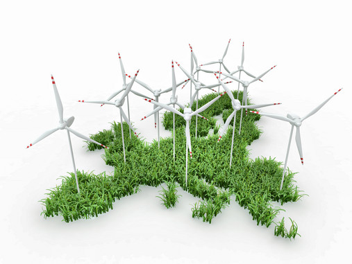 Windkraftanlagen auf einer Karte der EU. 