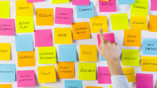 Foto zum Thema "was bedeutet agiles Arbeiten": Zu sehen ist viele bunte Postits, die auf einem Whiteboard kleben.