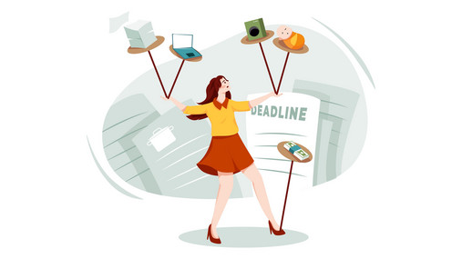 Grafik zum Thema Mental Load, die eine Frau zeigt, die mehrere Teller auf Stöcken jongliert. Auf den Tellern liegen Büro- und Haushalts- und Familien-Utensilien, die die verschiedenen Aufgaben der Frau symbolisieren. 