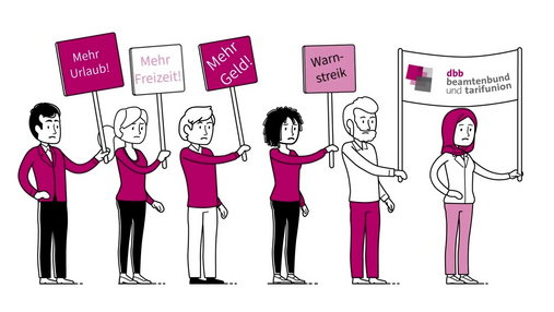 Video zum Thema "TVöD-Tarifverhandlungen 2025": Zu sehen ist eine Gruppe von animierten Figuren, die Beschäftigte des öffentlichen Dienstes auf einer Demo darstellen. Das Video erklärt den Ablauf einer Einkommensrunde.