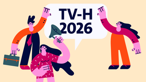 Foto zum Thema "Tarifverhandlungen - TV-H 2026": Zu sehen ist eine Grafik mit drei Figuren, die ein Plakat hochhalten, auf dem TV-H 2026 steht.