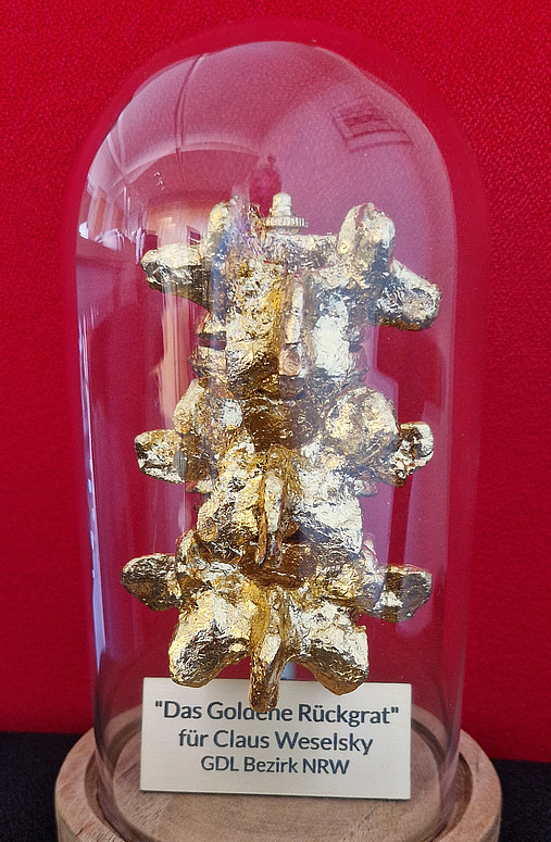 Foto zum Thema "Weselsky im Interview": Zu sehen ist das Modell eines goldenen Rückgrats, das der Gewerkschafter zum Abschied bekommen hat.