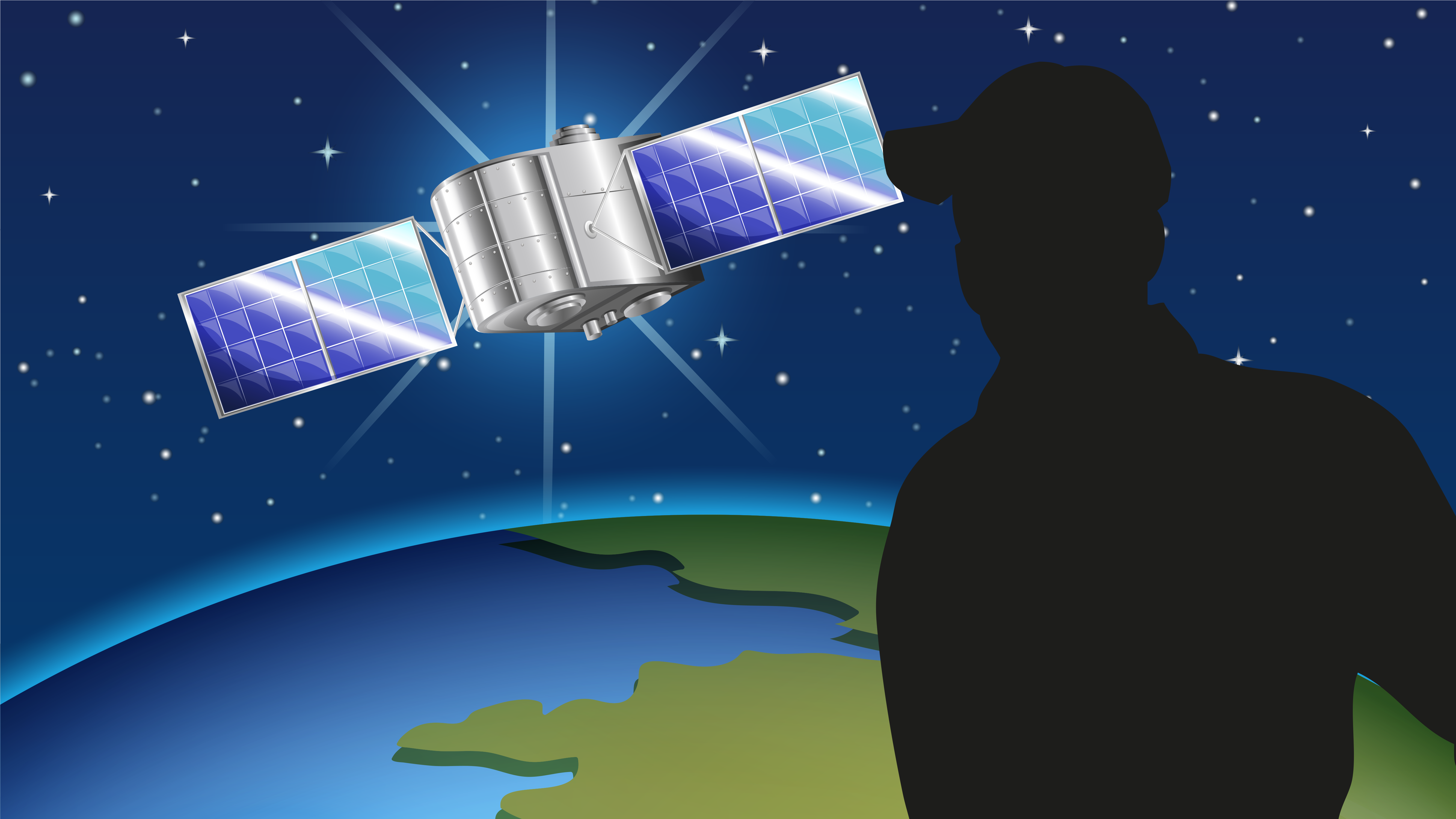 Foto zum Thema "Wie kommt man zum BND": Vorne links ist ein Satellit zu sehen, rechts der Schatten eines Mannes mit Käppi. Im Hintergrund sieht man die Erde und einen Sternenhimmel.